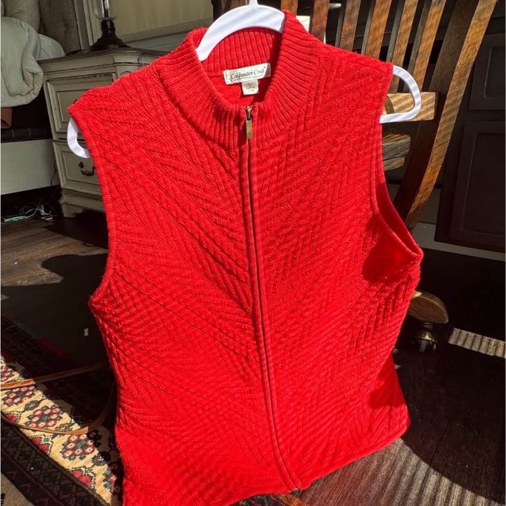 Coldwater Creek Bright Red Knit Zip-Up Sweater vest wool Size L 100% wool